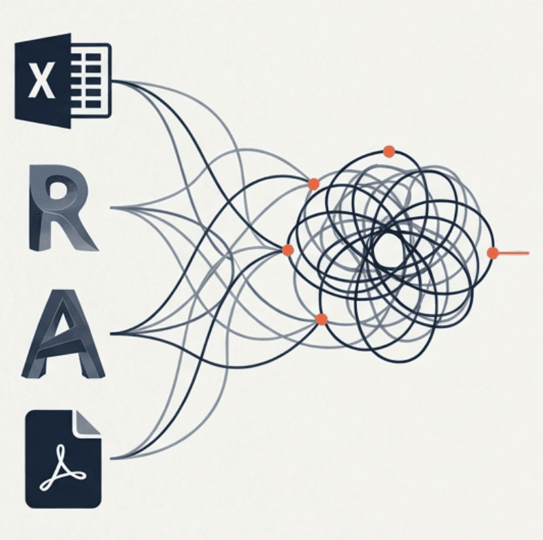 Typical Project Workflow showing Excel, Revit, AutoCAD, and PDF flowing into chaos